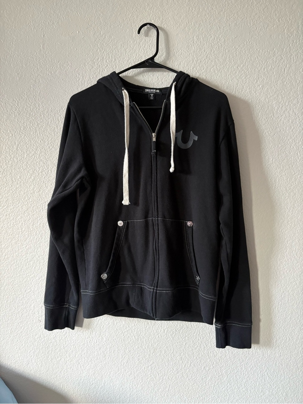 True Religion Black Zip-Up Hooded Sweatshirt with White Drawstrings